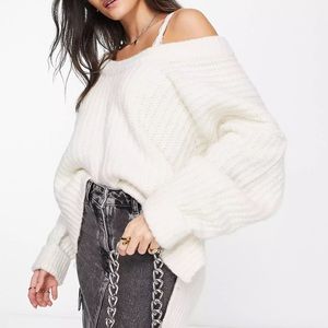 Free People Blue Bell Oversized V-Neck Off-The-Shoulder Sweater Ivory XS